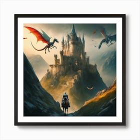 A Fantasy Castle With Dragons And Knights Art Print