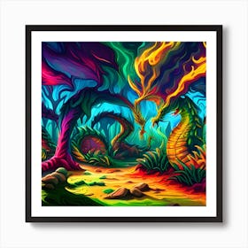 Colorful Dragons In The Forest Art Print