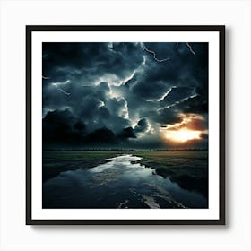 Overcast Sky Dominating A Serene Waterway Black Clouds Lining The Horizon Art Print