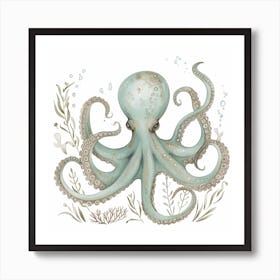 Cute Storybook Style Octopus With Plants 1 Art Print