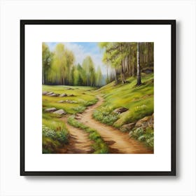 Path In The Woods.A dirt footpath in the forest. Spring season. Wild grasses on both ends of the path. Scattered rocks. Oil colors.2 Art Print