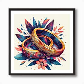 Wedding Rings And Flowers Illustration Art Print