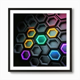 Hexagonal shapes with neon lights, futuristic, cyberpunk, background 15 Art Print