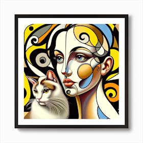 Abstract Cat And Woman Painting Art Print