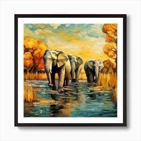 Elephants In The Water Art Print