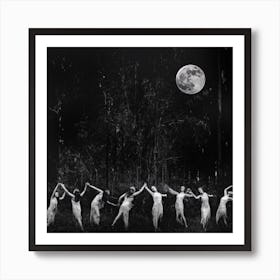 Dancing in the Moonlight - Remastered High Resolution Vintage Witchy Art Print of Women Dance to the Moon Goddess in the Forest on a Full Moon - Beautiful Etheral Witchcraft Nymphs Ladies Womens Circle Healing Magic Art Print