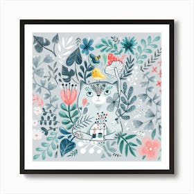 Summer floral kitty cat and a bird among the plants Poster