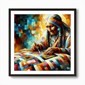 Elderly Native American Woman Quilting 2 Art Print