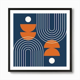 Modern Mid Century Sun, Moon Phases and Rainbow Abstract 27 in Navy Blue and Burnt Orange Art Print