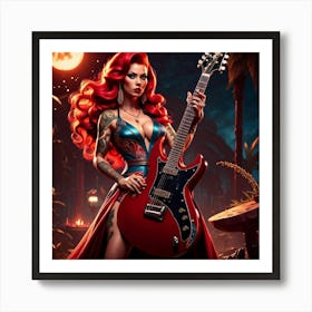 Woman With Red Hair Holding A Guitar Art Print