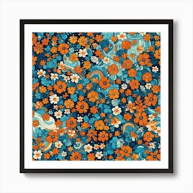 Blue And Orange Flowers Art Print