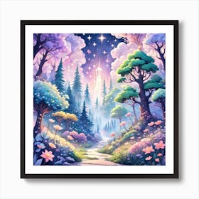 A Fantasy Forest With Twinkling Stars In Pastel Tone Square Composition 230 Art Print