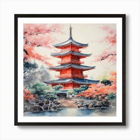 Watercolor Of Japanese Pagoda Art Print