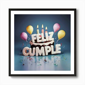 Feliz cumple and Feliz cumpleaños sign means Happy Birthday in Spanish language, Birthday party celebration gift with birthday cake candle colorful balloons best congratulation over light background wall artFeliz Cumple 29 Art Print