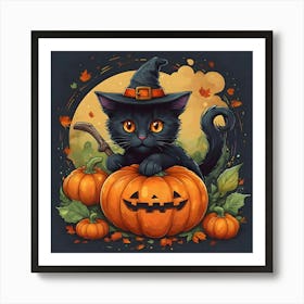 Black Cat Halloween Pumpkins Art Print