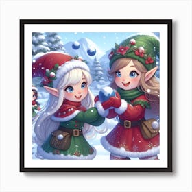 Christmas Elves in winter 1 Art Print
