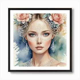 Watercolor Girl With Roses Art Print