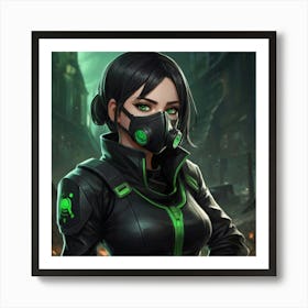 masterpiece, best quality, (Anime:1.4), black-haired girl, green eyes, small respirator mask, toxic environment, black leather outfit, epic portraiture, 2D game art, League of Legends style character 2 Art Print