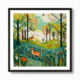 Art Drawing Forest Scene Folk Art Style Inspired B (1) Art Print