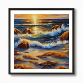 The sea. Beach waves. Beach sand and rocks. Sunset over the sea. Oil on canvas artwork.24 Art Print