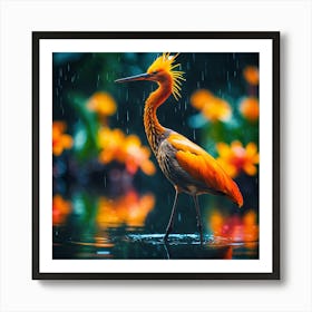 Orange Crested Wading Bird with Exotic Flowers of the Jungle Art Print