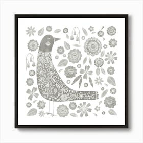 Scandinavian Bird And Flowers Gray and White Art Print