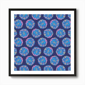 CHRYSANTHEMUMS Multi Abstract Polka Dot Floral Summer Bright Flowers in Blue Pink Purple Green on Dark Blue Art Print