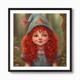  Cute Gnome Girl, Red Curly Hair, From The Woods, Vibrant, Adorable, Playful, Lush, Joyful, Detailed Art Print