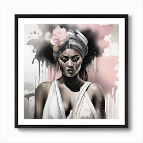 Black Woman With Flowers Gold and watercolor splatter Art Print