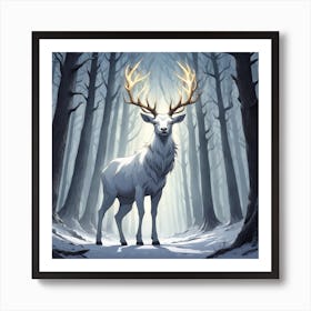 A White Stag In A Fog Forest In Minimalist Style Square Composition 18 Art Print