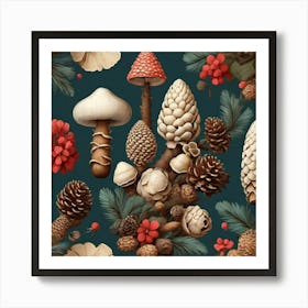 Aesthetic style, pine cones and mushrooms pattern Art Print