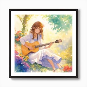 Beautiful Woman Playing Guitar In The Garde 1 (1) Art Print
