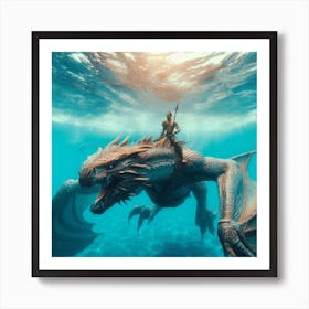 a warrior sitting on a giant creature in water Art Print