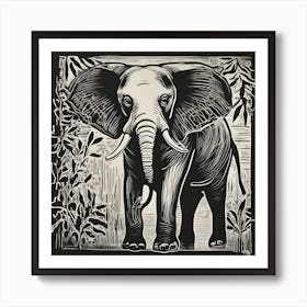 Elephant In The Jungle Linocut Art Print