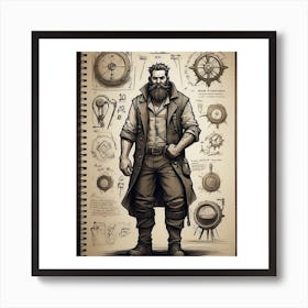 AThe image depicts a man with a long beard and a hat, wearing a brown coat and vest, standing in front of a notebook with various diagrams and illustrations. Art Print