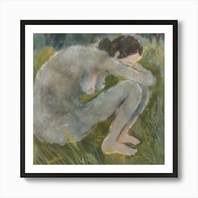 A woman sits on a rock, her legs crossed and her hands covering her face. She does not wear clothes that show her breasts. The scene takes place in an outdoor setting with grass surrounding the woman and a tree in the background. Art Print