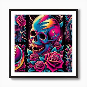 Grateful Dead Art: This artwork is inspired by the American rock band Grateful Dead, known for their eclectic style and psychedelic imagery. The artwork features a colorful skull with roses, a symbol of the band’s logo and album covers. The artwork also has some musical notes and stars in the background, representing the band’s musical influence and legacy. This artwork is suitable for fans of Grateful Dead or classic rock music, and it can be placed in a living room, bedroom, or music studio. 1 Art Print