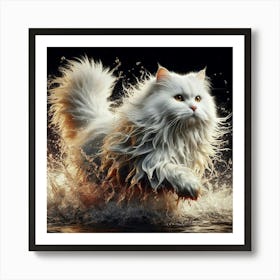 White Cat Running In Water Art Print