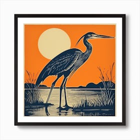 Retro Bird Lithograph Great Blue Heron 4 Art Print