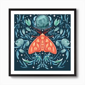 Night Orange Moth On Floral Blue Background And Moon Square Art Print