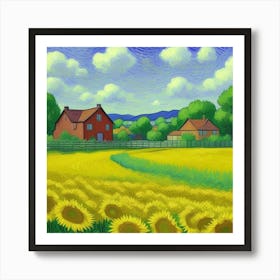 Countryside Harmony A Farmhouse View Sunflowers In The Field Art Print