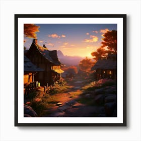 A Rustic Village Scene Bathed In The Ethereal Glow Of A Heavenly Realm Art Print