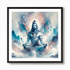 "Ascension of the Ascetic: Lord Shiva's Ethereal Meditation" - This artwork encapsulates the serene and otherworldly essence of Lord Shiva meditating amidst celestial mists and mountain peaks. The soft color palette exudes calmness, while the cosmic elements and fluid art style signify transcendence and the sublime nature of meditation. Shiva's poised and centered form serves as an anchor for the mind and spirit, making this piece a profound statement in any space dedicated to reflection, peace, and spiritual growth. Art Print