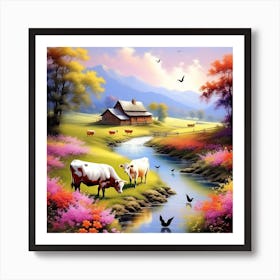 Cows By The Stream Poster