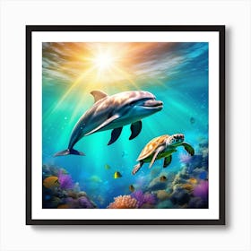 Dolphin And Turtle Art Print