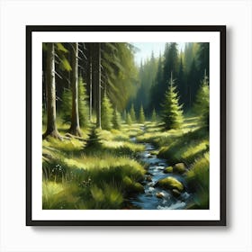 Stream In The Forest, Acrylic Painting Style 20 Art Print