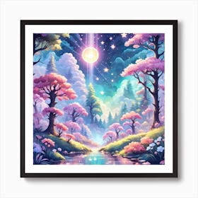 A Fantasy Forest With Twinkling Stars In Pastel Tone Square Composition 462 Art Print