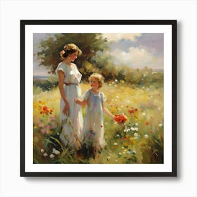 Loving Mother And Daughter In The Meadow Art Print