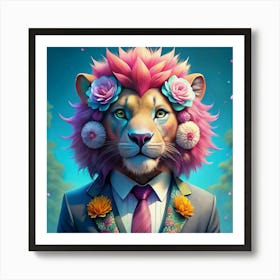 Lion In A Suit With Floral Decorations Art Print