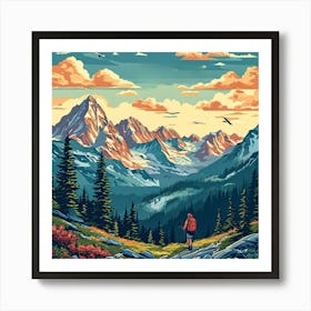 Mountain Landscape Painting, Hike The Globe A Nature Inspired ,Showcasing Mountain Ranges Hiking Trails And National Art Print